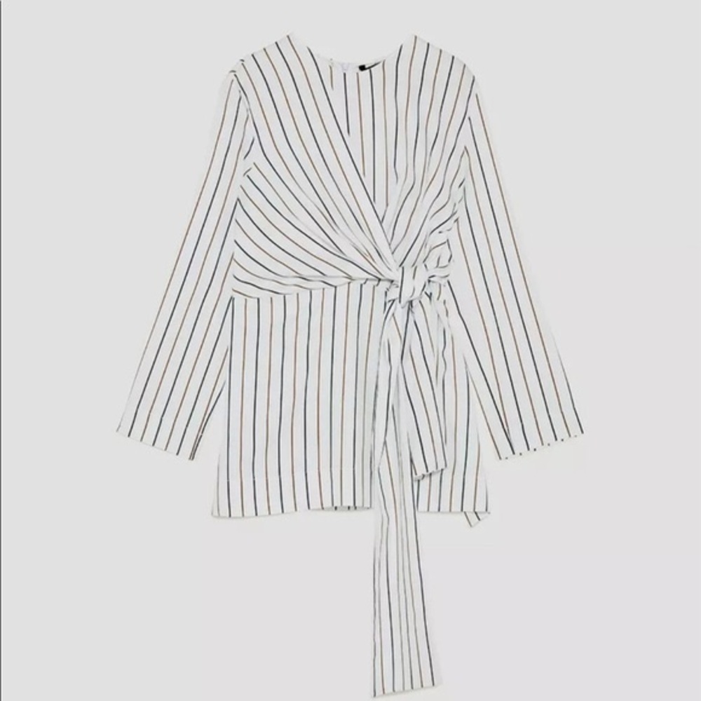 Zara Stripe Tie Knot Blouse White, Brown & Blue Sz.M